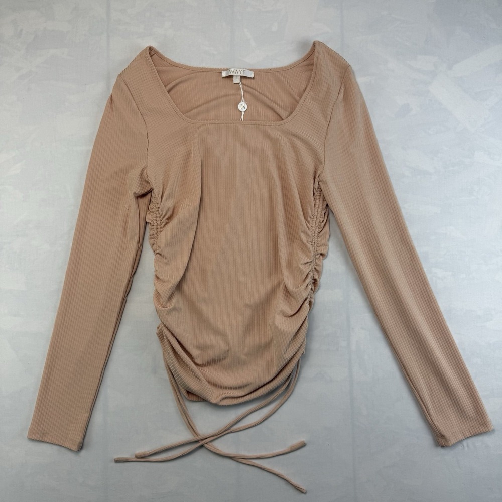 WayF Womens Size S Long Sleeve Pink Brushed Rib Knit Tie Waist Crew Crop Top